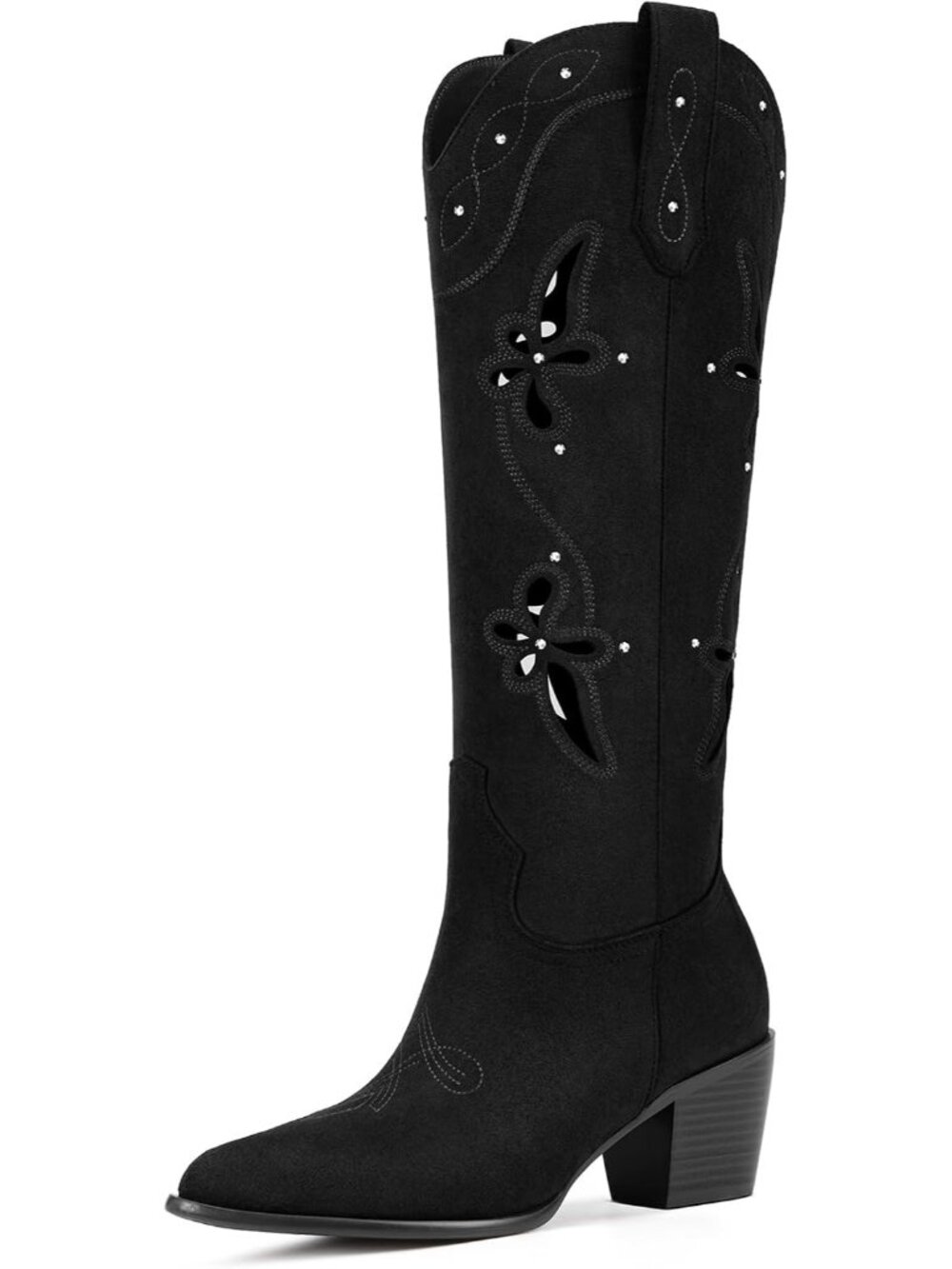 Women's Matte Black Faux Suede Retro Embroidery Pointed Toe Heel Cowgirl Boots